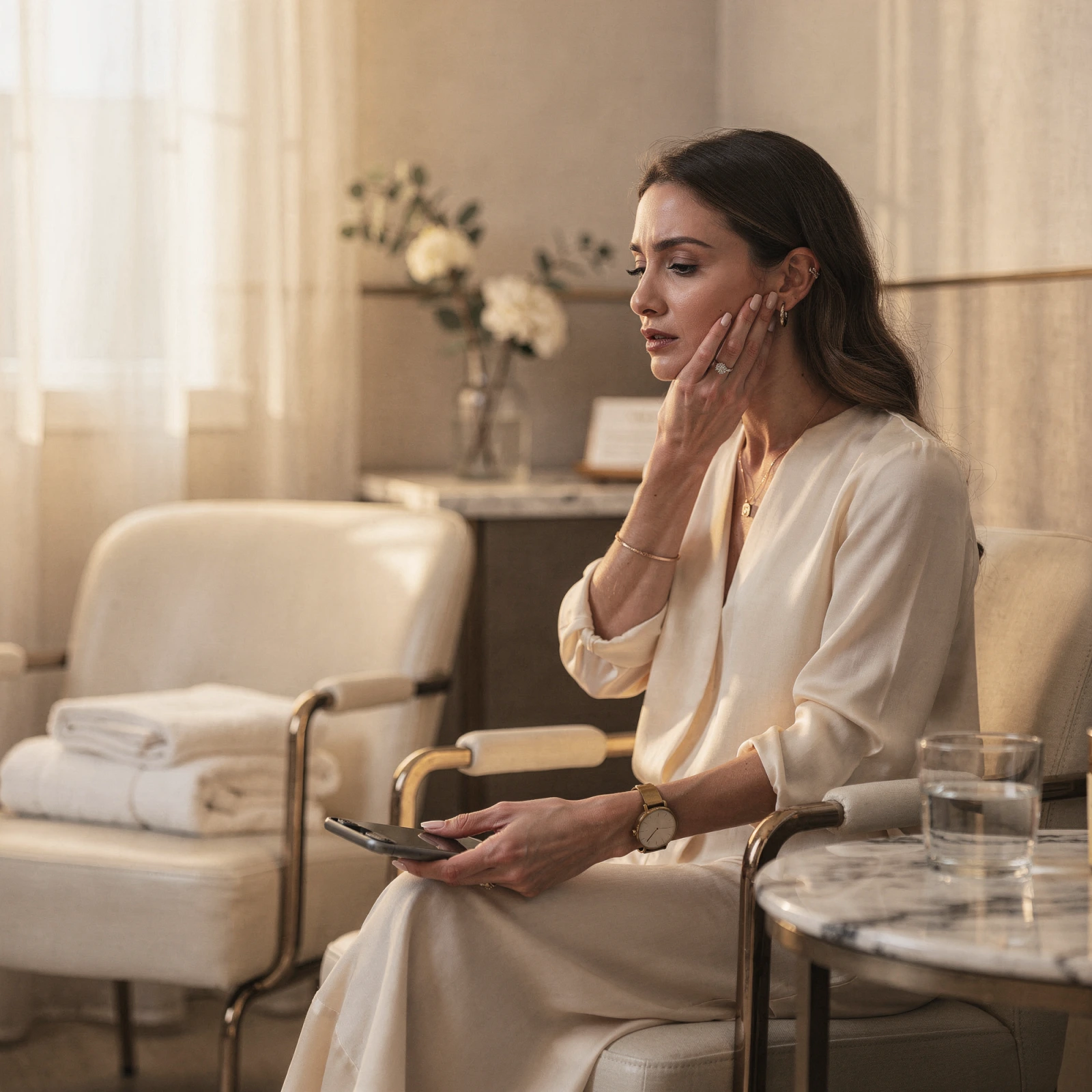 Woman holding her cheek in discomfort while sitting in a spa-like waiting room